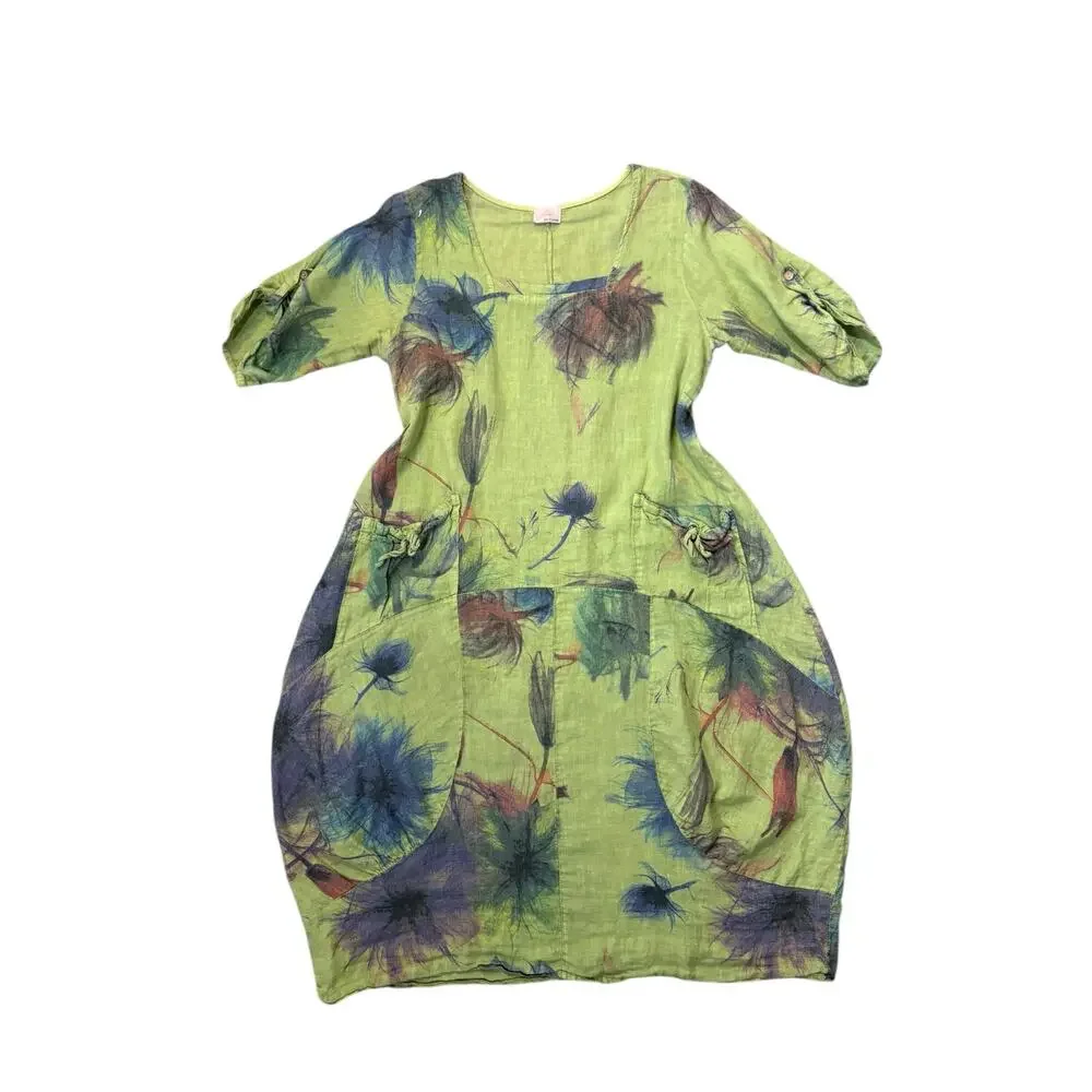 Green 100% Italian Linen Watercolor Floral Lagenlook Hobo Grunch Dress 0S Bubble